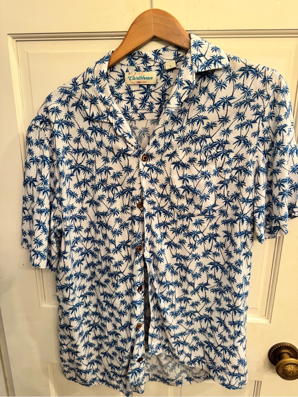 Caribbean Blue & White Palm-Print Short Sleeve Button-Down Shirt